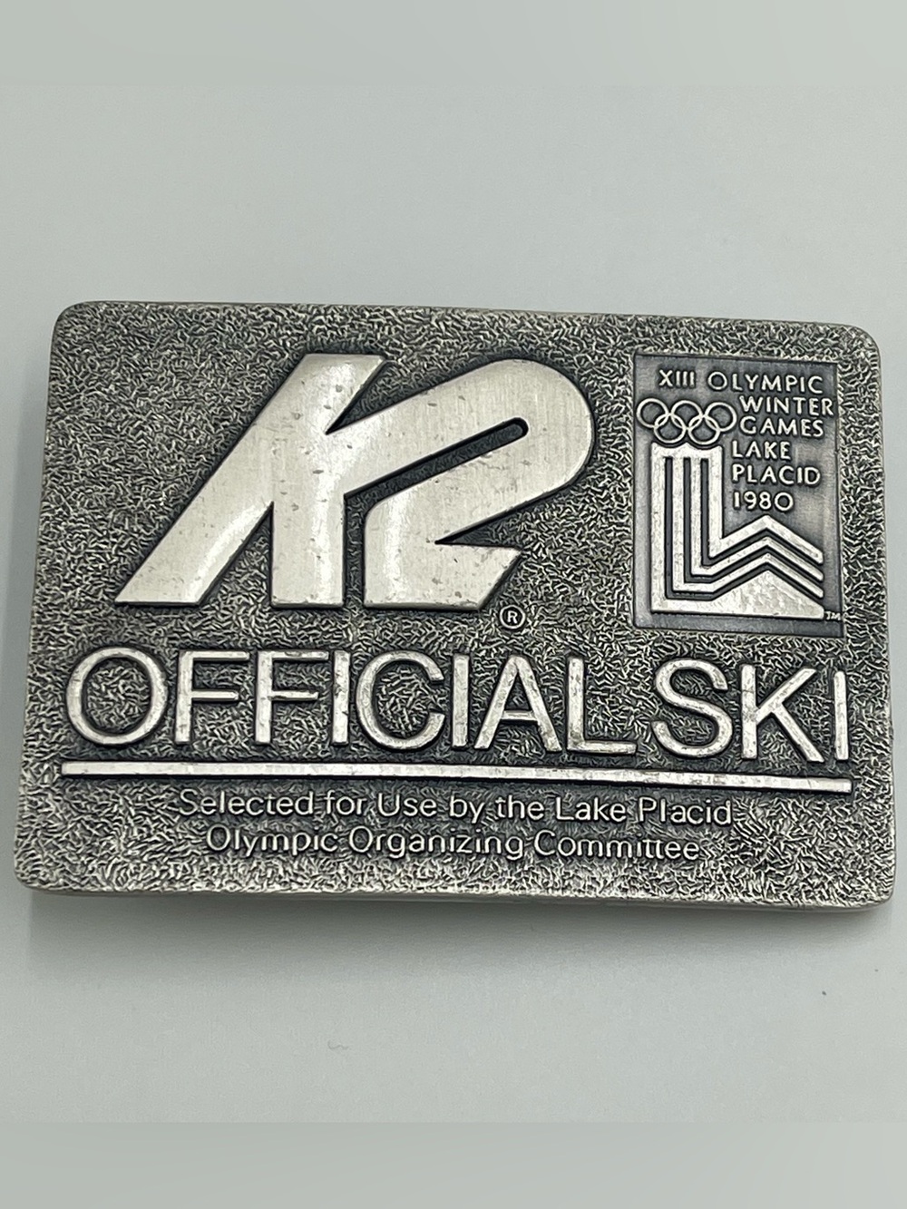 K2 Ski Silver Tone Brass Belt Buckle Lake Placid 1980 Olympic Official Vintage